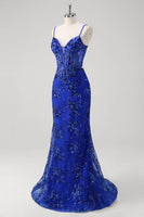 Laden Sie das Bild in den Galerie-Viewer, Glitzer Dunkelgrün Meerjungfrau Rückenfrei Korsett Langes Ballkleid mit Stickerei