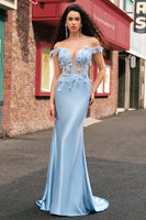 Laden Sie das Bild in den Galerie-Viewer, Himmelblau Meerjungfrau Schulterfrei Korsett Langes Abendkleid mit 3D-Blumen