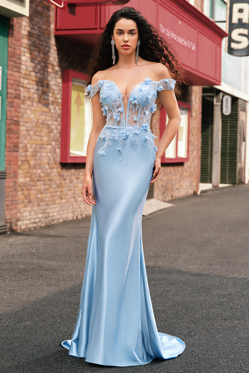 Laden Sie das Bild in den Galerie-Viewer, Himmelblau Meerjungfrau Schulterfrei Korsett Langes Abendkleid mit 3D-Blumen