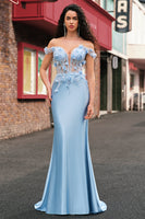 Laden Sie das Bild in den Galerie-Viewer, Himmelblau Meerjungfrau Schulterfrei Korsett Langes Abendkleid mit 3D-Blumen