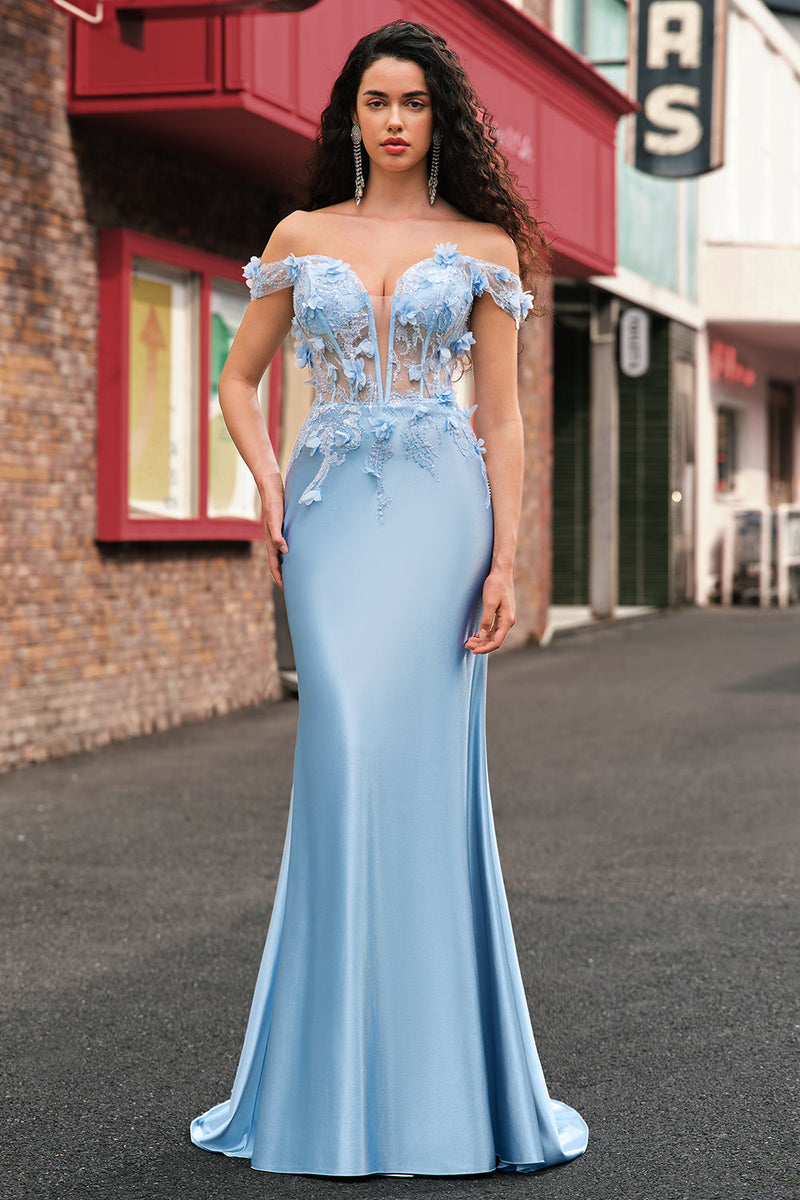 Laden Sie das Bild in den Galerie-Viewer, Himmelblau Meerjungfrau Schulterfrei Korsett Langes Abendkleid mit 3D-Blumen