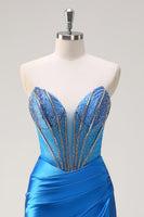 Laden Sie das Bild in den Galerie-Viewer, Blaue Meerjungfrau Trägerloses Perlen Korsett Langes Ballkleid mit Schlitz