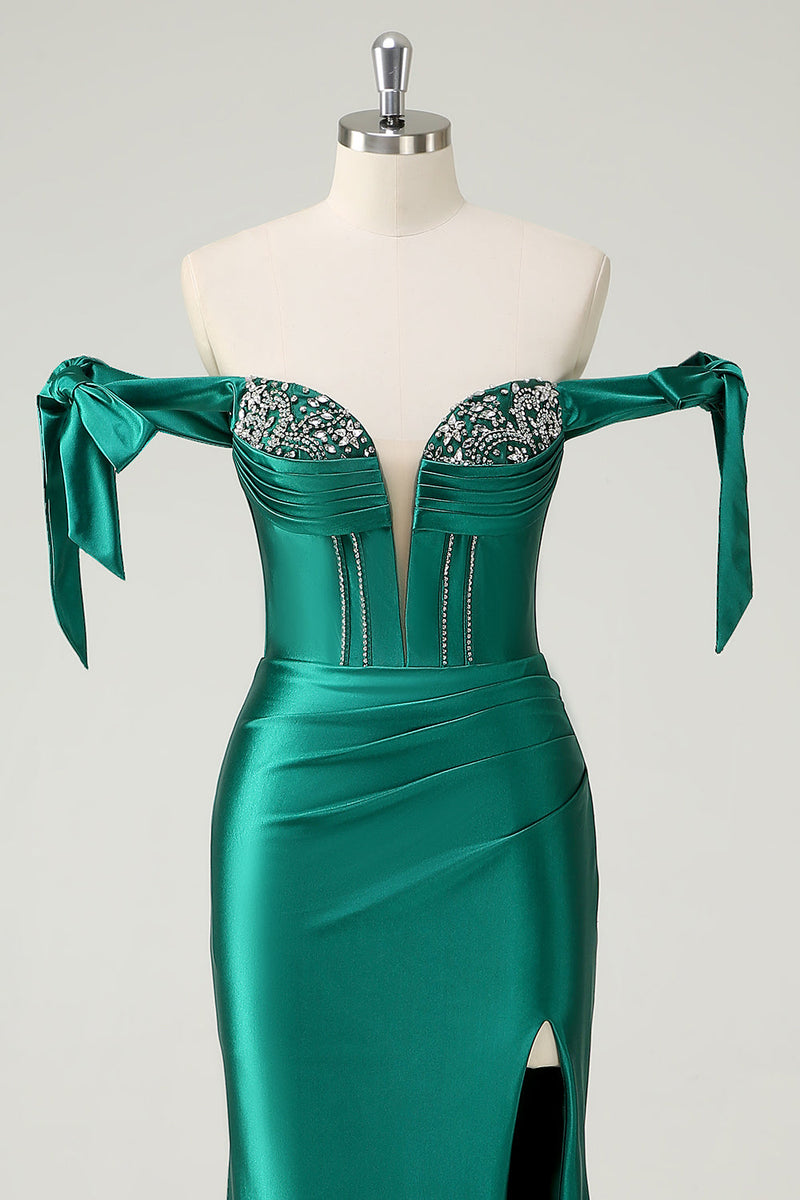 Laden Sie das Bild in den Galerie-Viewer, Dunkelgrün Meerjungfrau Schulterfreie Pailletten Langes Ballkleid mit Schlitz