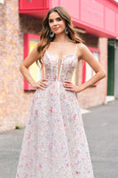 Laden Sie das Bild in den Galerie-Viewer, Glitzer Rosa A Linien Spaghettiträger Kosett Langes Ballkleid mit Schnürung am Rücken