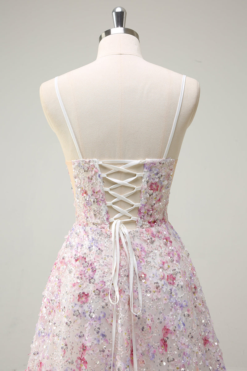 Laden Sie das Bild in den Galerie-Viewer, Glitzer Rosa A Linien Spaghettiträger Korsett Langes Ballkleid mit Stickerei