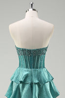 Laden Sie das Bild in den Galerie-Viewer, Abgestufte Rüschen Pfauengrün Trägerloses Langes Ballkleid mit Perlen