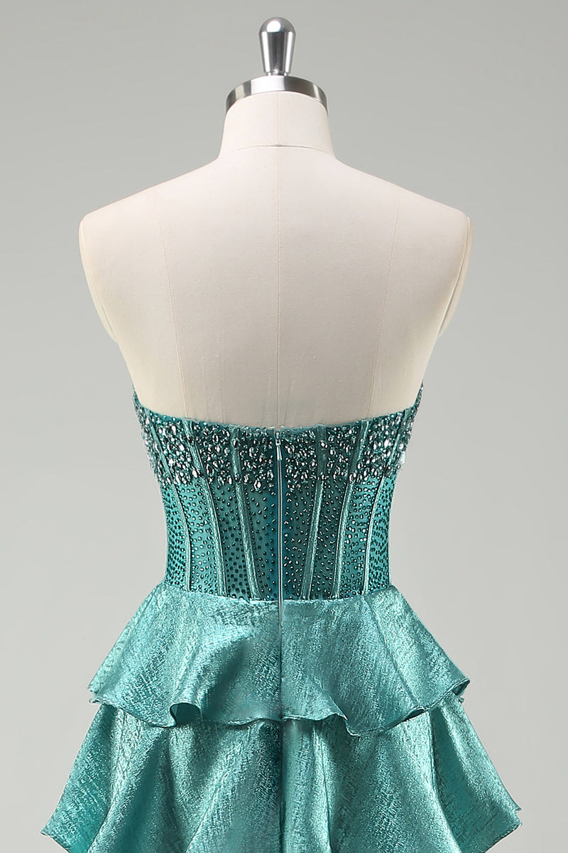 Laden Sie das Bild in den Galerie-Viewer, Abgestufte Rüschen Pfauengrün Trägerloses Langes Ballkleid mit Perlen