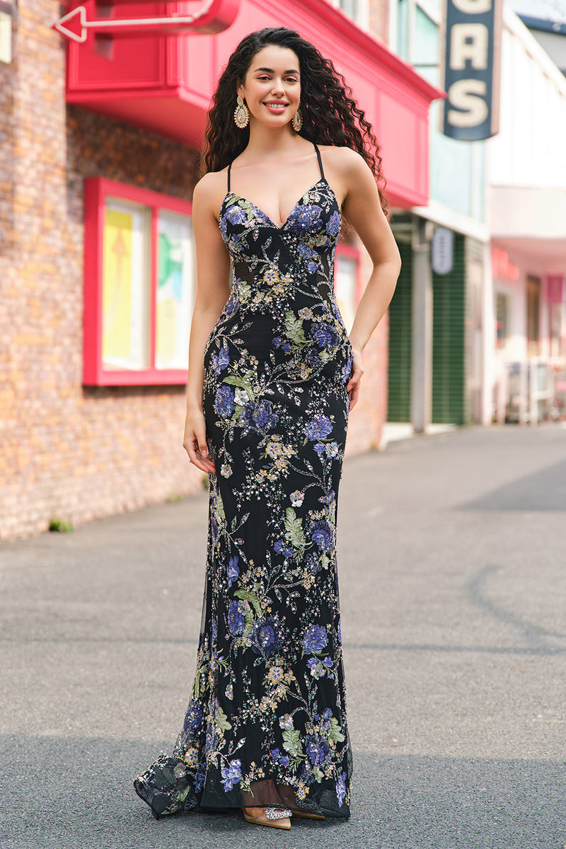 Laden Sie das Bild in den Galerie-Viewer, Glitzer Schwarz Meerjungfrau Spaghettiträger Langes Ballkleid