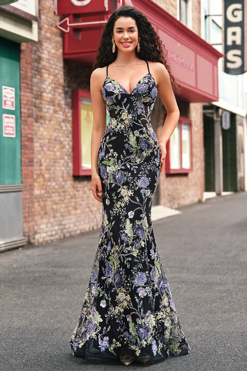 Laden Sie das Bild in den Galerie-Viewer, Schwarz Meerjungfrau Spaghettiträger Langes Ballkleid mit Pailletten