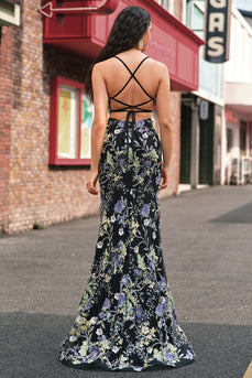 Schwarz Meerjungfrau Spaghettiträger Langes Ballkleid mit Pailletten