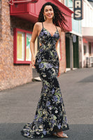 Laden Sie das Bild in den Galerie-Viewer, Schwarz Meerjungfrau Spaghettiträger Langes Ballkleid mit Pailletten