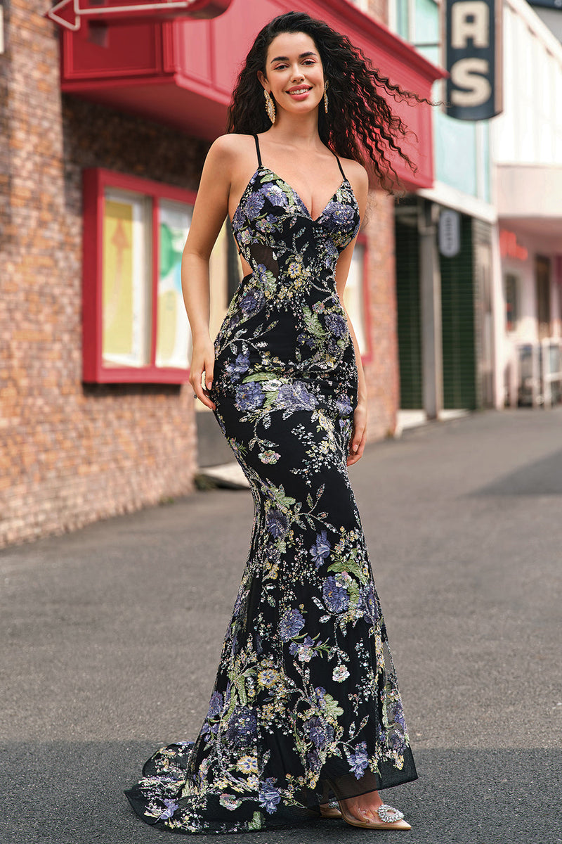 Laden Sie das Bild in den Galerie-Viewer, Schwarz Meerjungfrau Spaghettiträger Langes Ballkleid mit Pailletten