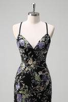 Laden Sie das Bild in den Galerie-Viewer, Glitzer Schwarz Meerjungfrau Spaghettiträger Langes Ballkleid