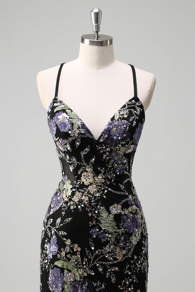 Laden Sie das Bild in den Galerie-Viewer, Glitzer Schwarz Meerjungfrau Spaghettiträger Langes Ballkleid