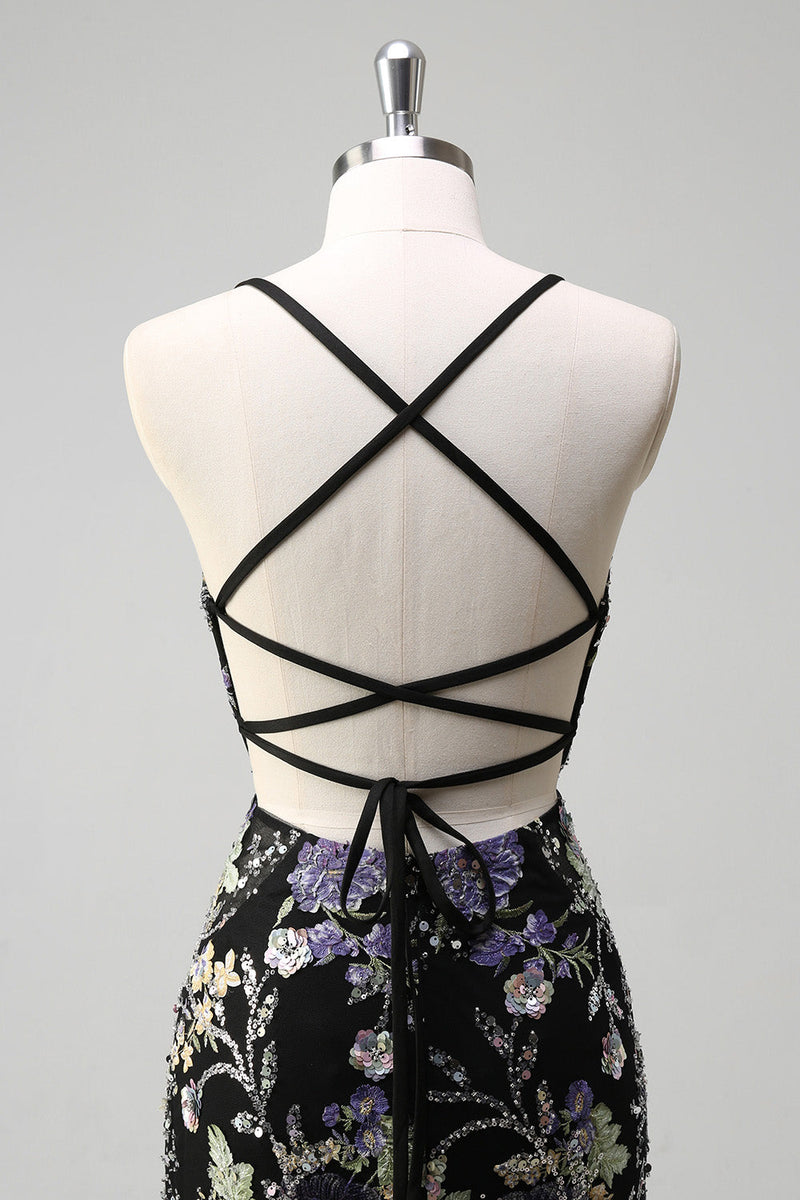 Laden Sie das Bild in den Galerie-Viewer, Glitzer Schwarz Meerjungfrau Spaghettiträger Langes Ballkleid