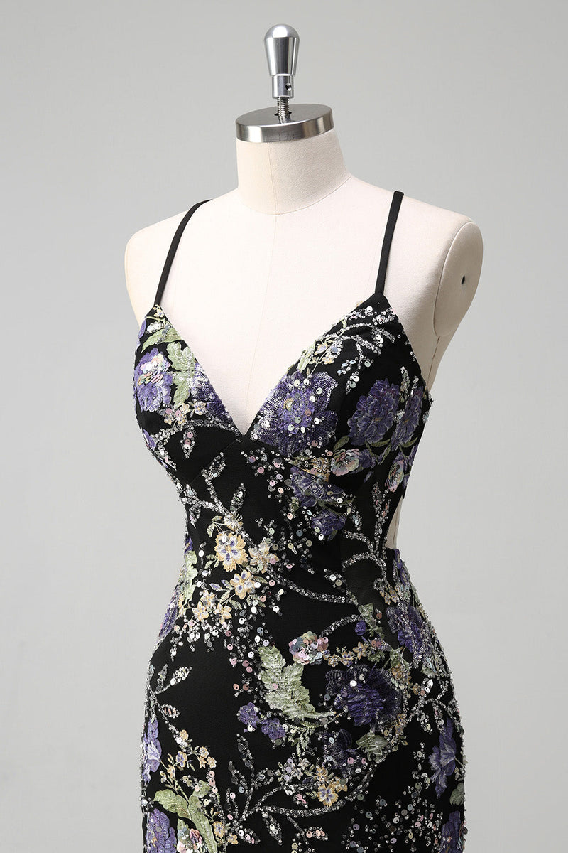 Laden Sie das Bild in den Galerie-Viewer, Glitzer Schwarz Meerjungfrau Spaghettiträger Langes Ballkleid