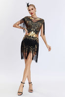Laden Sie das Bild in den Galerie-Viewer, Queedancer Women Sparkly 1920s Flapper Dress with Fringes Boat Neck Black Golden Sequined Short Vintage Dress