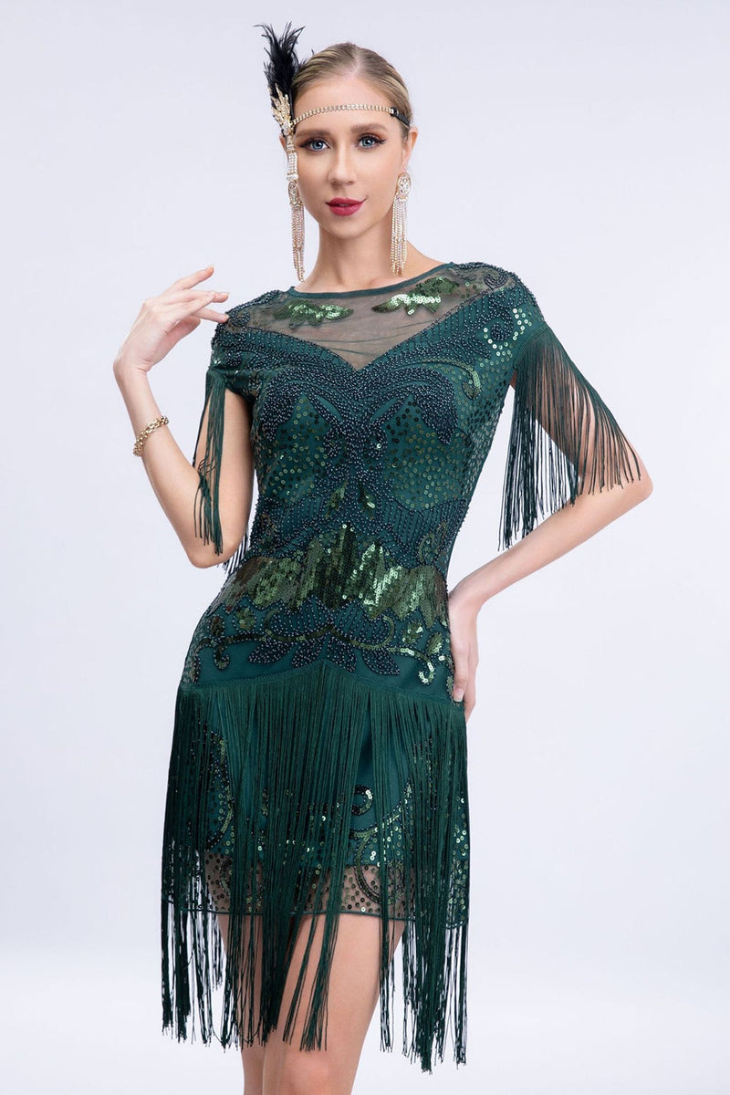 Laden Sie das Bild in den Galerie-Viewer, Queedancer Women Sparkly 1920s Flapper Dress with Fringes Boat Neck Dark Green Sequined Short Vintage Dress