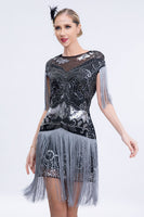 Laden Sie das Bild in den Galerie-Viewer, Queedancer Women Sparkly 1920s Flapper Dress with Fringes Boat Neck Grey Sequined Short Vintage Dress