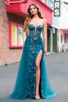 Laden Sie das Bild in den Galerie-Viewer, Pfauenblau A Linien Korsett Langes Ballkleid mit Schlitz