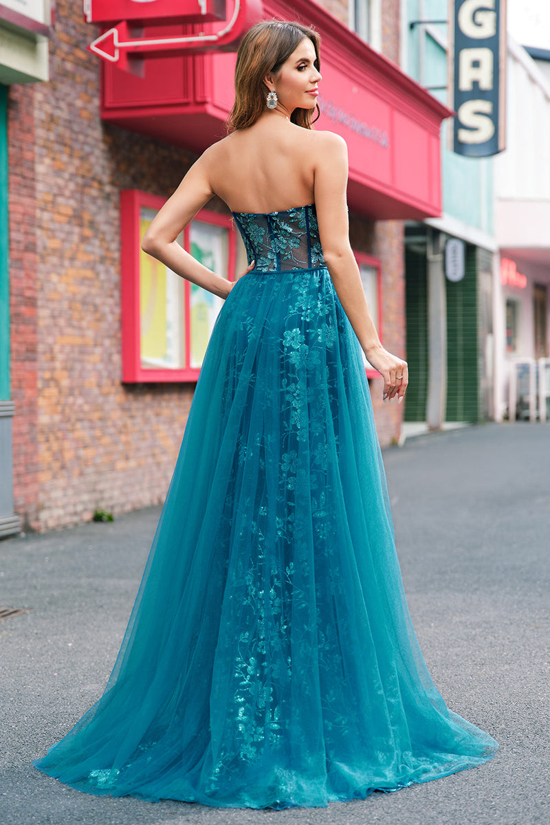 Laden Sie das Bild in den Galerie-Viewer, Pfauenblau A Linien Korsett Langes Ballkleid mit Schlitz