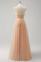 Laden Sie das Bild in den Galerie-Viewer, Glitter Champagner Korsett Trägerloses Langes Abendkleider