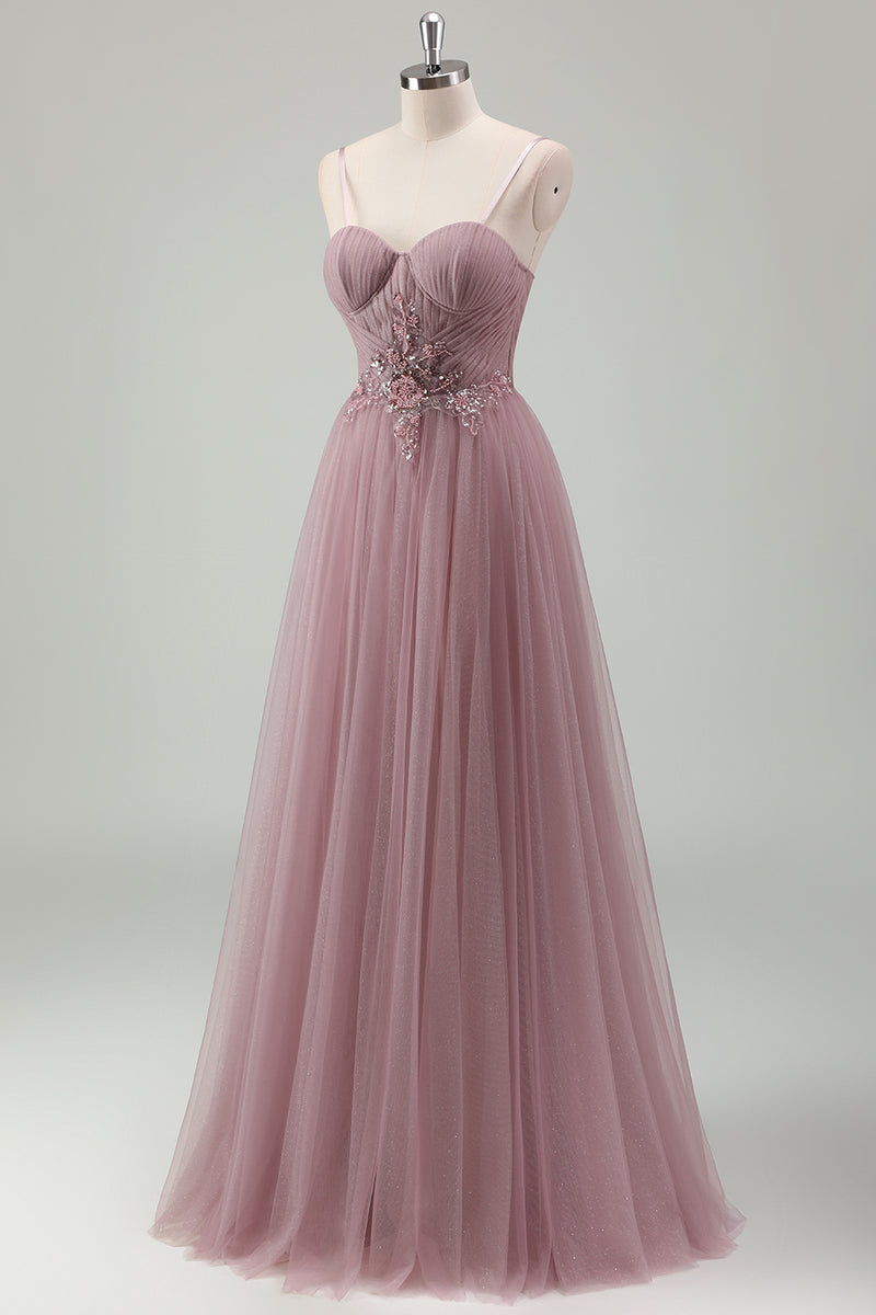 Laden Sie das Bild in den Galerie-Viewer, Glitzer Graues Lila A Linie Korsett Spaghettiträger Langes Abendkleid