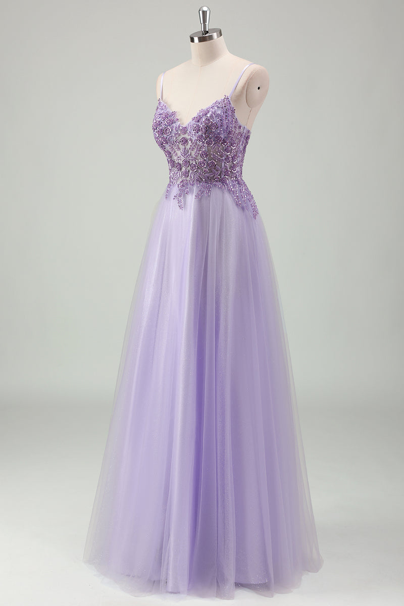 Laden Sie das Bild in den Galerie-Viewer, Funkelnds Lila A Linie Korsett Spaghettiträger Langes Abendkleid mit Spitze