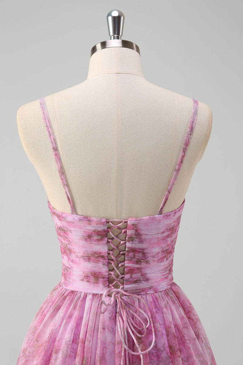 Laden Sie das Bild in den Galerie-Viewer, Rosalila A Linie Blumen Spaghettiträger Langes Ballkleid mit Schlitz