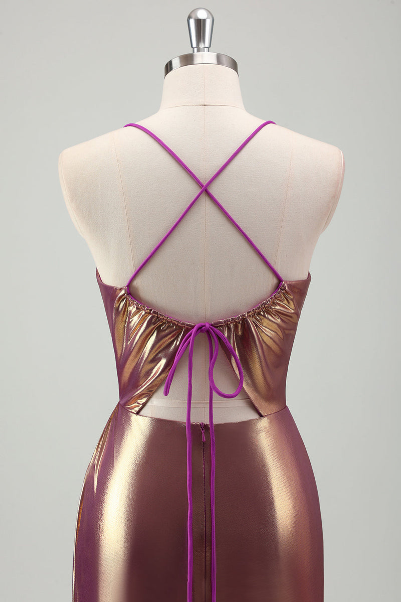 Laden Sie das Bild in den Galerie-Viewer, Metallische Gold Spaghettiträger Langes Abendkleid mit Schlitz