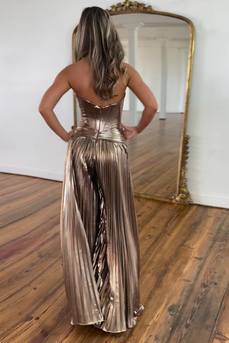 Sexy Roségold A-Linie Trägerlos Satin Korsett Abschlussball Jumpsuits
