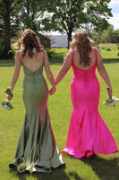 Laden Sie das Bild in den Galerie-Viewer, Glitzer Salbei Meerjungfrau Langes Abendkleid mit Applikationen