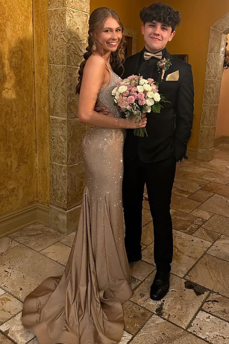 Laden Sie das Bild in den Galerie-Viewer, Glitzer Champagner Perlen Langes Abendkleid mit Schnürung Hinten