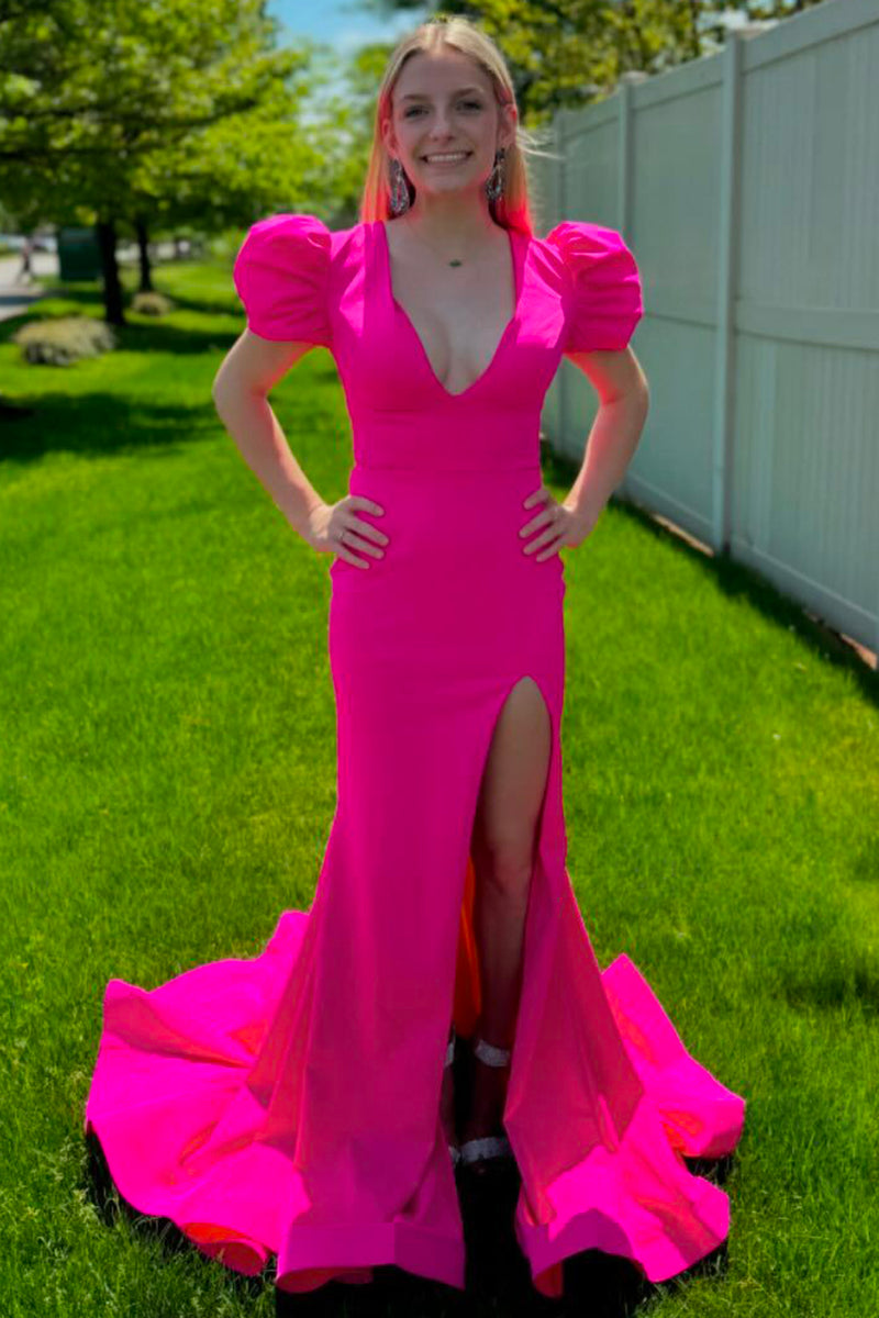 Laden Sie das Bild in den Galerie-Viewer, Prinzessin Rosa Puffärmel V-Ausschnitt Langes Abendkleid