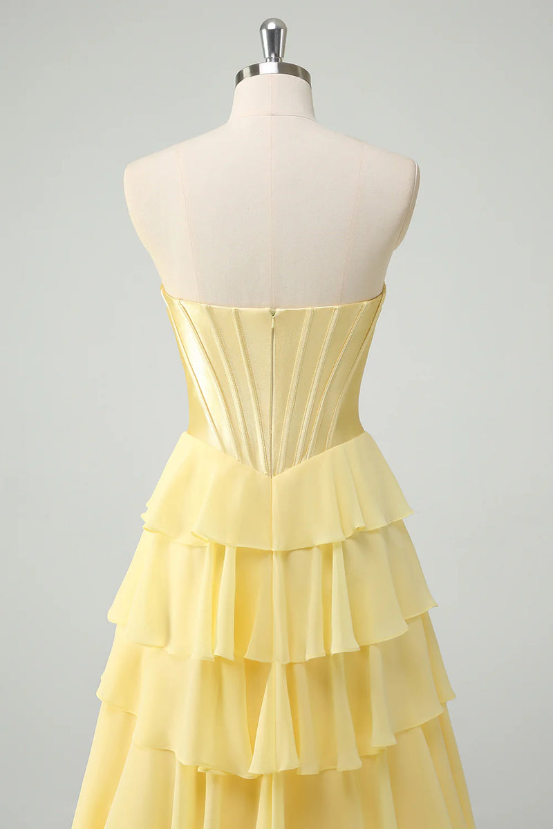 Laden Sie das Bild in den Galerie-Viewer, Fuchsia Trägerloses Korsett Gestreift Lange Chiffon Abendkleid mit Schlitz