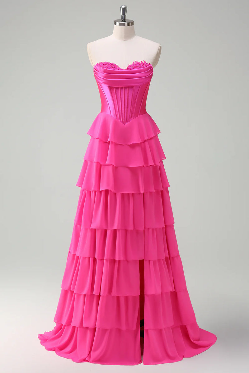 Laden Sie das Bild in den Galerie-Viewer, Fuchsia Trägerloses Korsett Gestreift Lange Chiffon Abendkleid mit Schlitz