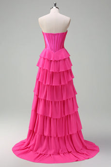 Fuchsia Trägerloses Korsett Gestreift Lange Chiffon Abendkleid mit Schlitz