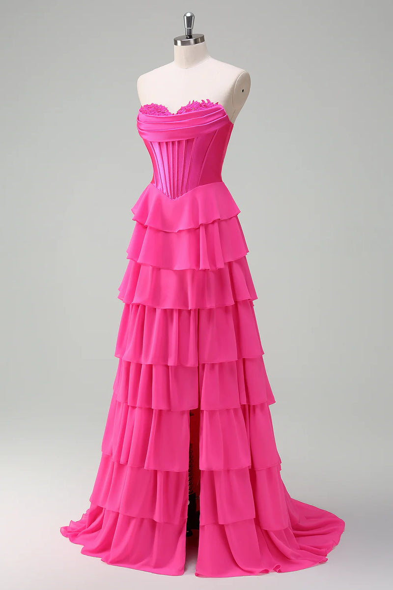 Laden Sie das Bild in den Galerie-Viewer, Fuchsia Trägerloses Korsett Gestreift Lange Chiffon Abendkleid mit Schlitz