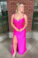 Laden Sie das Bild in den Galerie-Viewer, Glitzer Dunkelgrünes Korsett Perlen Langes Abendkleid mit Schlitz