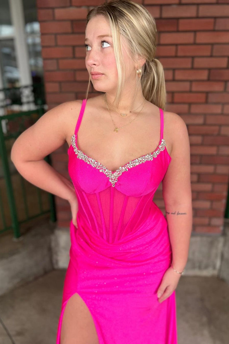 Laden Sie das Bild in den Galerie-Viewer, Glitzer Dunkelgrünes Korsett Perlen Langes Abendkleid mit Schlitz