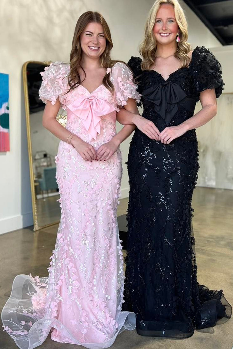 Laden Sie das Bild in den Galerie-Viewer, Glitzer Blau Meerjungfrau Spitzen Puffärmel Langes Abendkleid mit Bögen