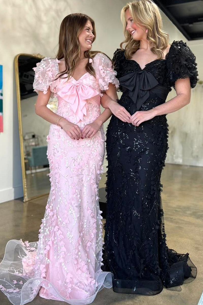 Laden Sie das Bild in den Galerie-Viewer, Glitzer Blau Meerjungfrau Spitzen Puffärmel Langes Abendkleid mit Bögen