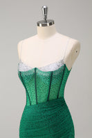 Laden Sie das Bild in den Galerie-Viewer, Glitzer Schwarz Meerjungfrau Spaghettiträger Korsett Langes Ballkleid mit Schlitz