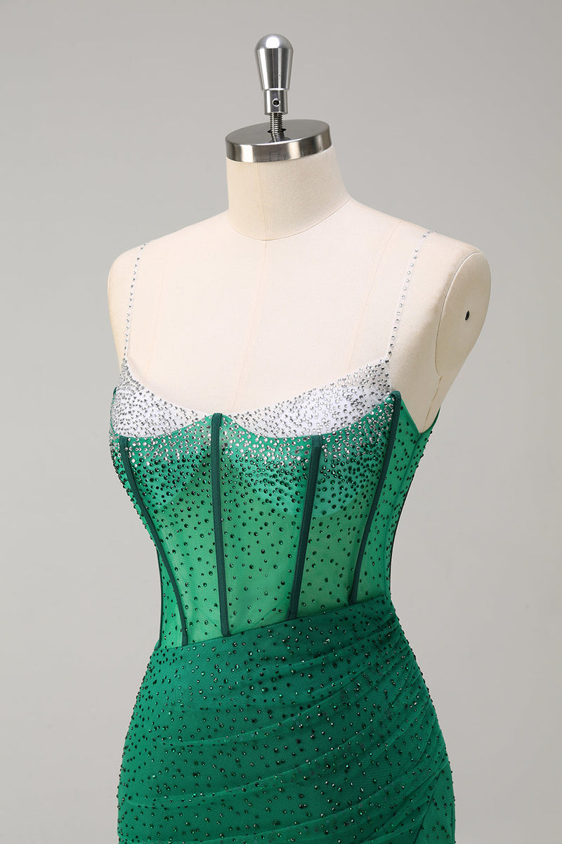 Laden Sie das Bild in den Galerie-Viewer, Glitzer Schwarz Meerjungfrau Spaghettiträger Korsett Langes Ballkleid mit Schlitz