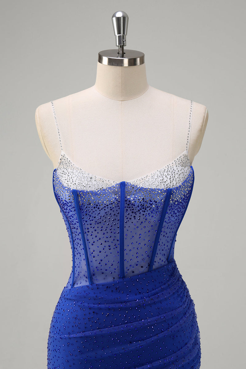 Laden Sie das Bild in den Galerie-Viewer, Glitzer Schwarz Meerjungfrau Spaghettiträger Korsett Langes Ballkleid mit Schlitz