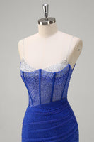 Laden Sie das Bild in den Galerie-Viewer, Glitzer Schwarz Meerjungfrau Spaghettiträger Korsett Langes Ballkleid mit Schlitz