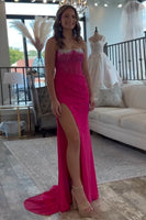 Laden Sie das Bild in den Galerie-Viewer, Glitzer Rote Trägerlos Korsett Meerjungfrau Lange Abendkleid mit Schlitz