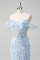 Laden Sie das Bild in den Galerie-Viewer, Blumen Blau Schulterfreie Korsett Lange Abendkleid mit Applikationen