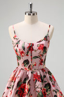 Laden Sie das Bild in den Galerie-Viewer, A Line Gestuftes Grau Rosa Spaghettiträger Blumen Langes Ballkleid