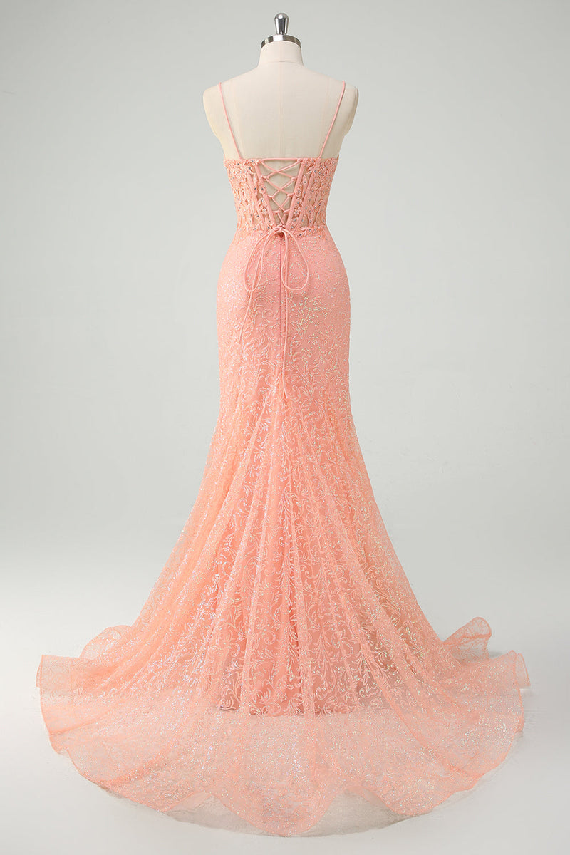 Laden Sie das Bild in den Galerie-Viewer, Orange Meerjungfrau Spaghettiträger Korsett Pailletten Langes Ballkleid